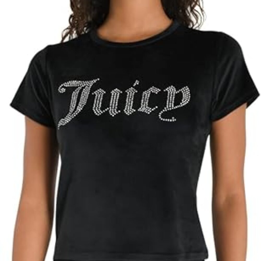 Juicy Couture Short Sleeve Black Velvet Cropped Top Silver Letters Like New, L